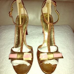 BCBGirls Bronze Heels with a Gold and Pink Bow.